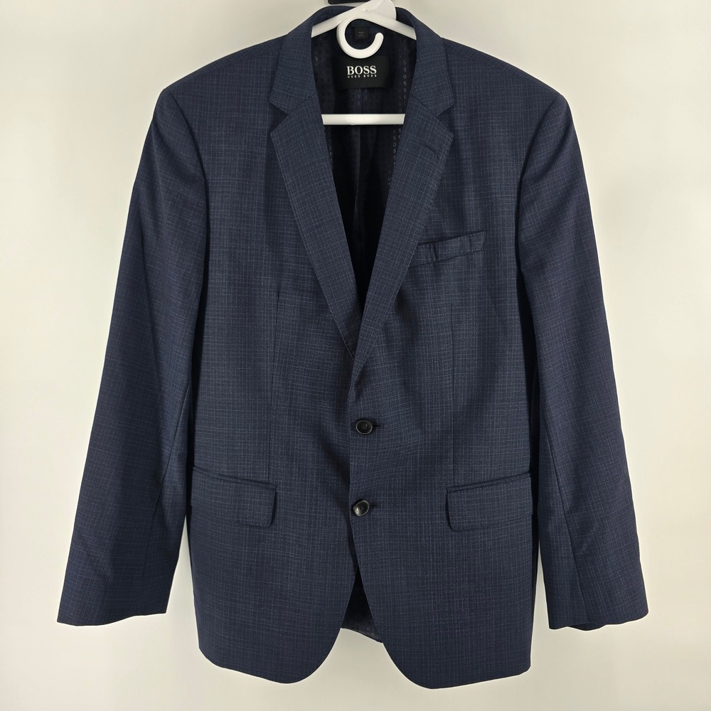 BOSS Hugo Boss Blazer Mens 40R Navy Blue Check Slim Fit Italian H-Huge-214